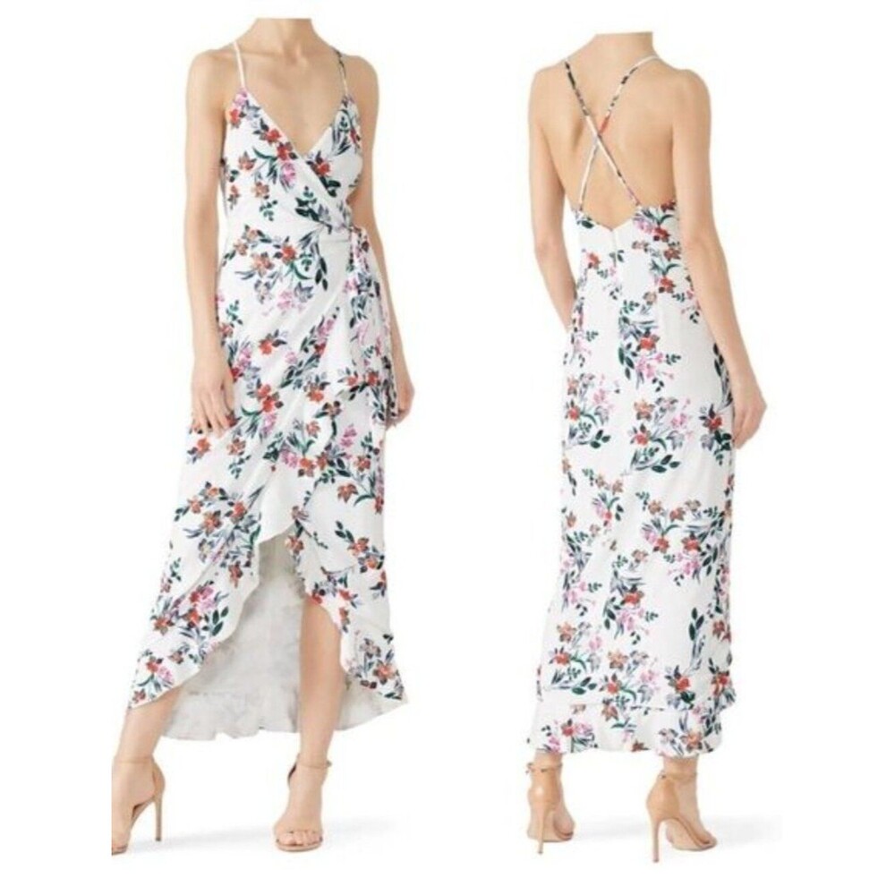 The Jetset Diaries Flowers in Your Hair Maxi Dress Floral crepe wrap ruffle boho